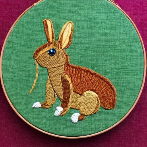 Prompt: “a rabbit eating a lizard, embroidery”