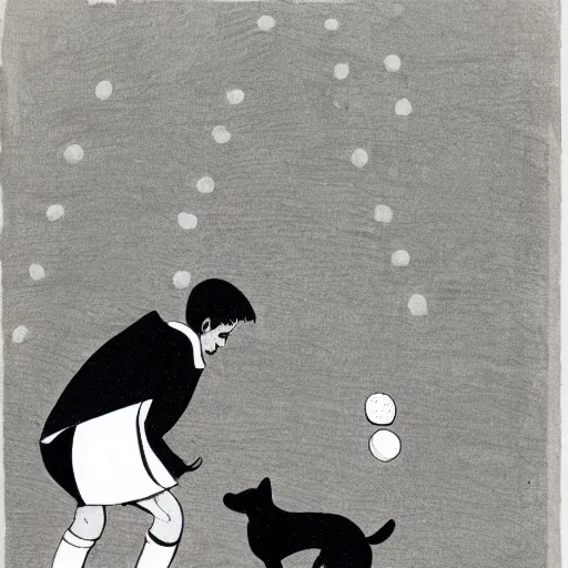 Image similar to book illustration of a french boy on the streets of paris playing football against a corgi, the dog is wearing a polka dot scarf, 1 9 6 6