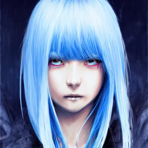 Prompt: full face shot of rimuru tempest, sky blue straight hair, long bangs, with amber eyes, wearing a fancy black jacket, high collar, ultra detailed, brush strokes, digital painting, cinematic, fxiv, wlop artstation, closeup, pixiv, eerie, scary, intimidating glare, evil, yoshitaka amano, junji ito,