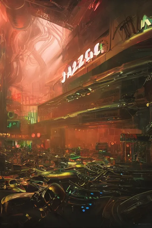 Image similar to Alien beetle bugs from another planet visit a jazz nightclub in Harlem, an epic painting, volumetric lighting, intricate, elegant, highly detailed, digital painting, artstation, concept art, smooth, sharp focus, art by Maciej Kuciara