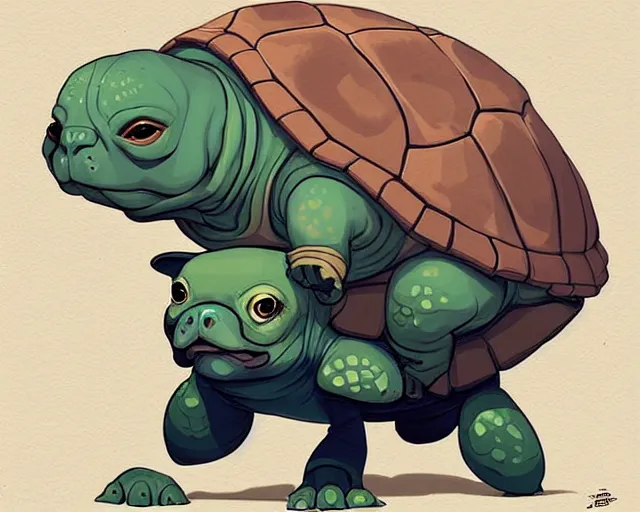 Image similar to cell shaded cartoon of a baby turtle with a bulldog's head, concept art by josan gonzales and wlop, by james jean, victo ngai, david rubin, mike mignola, deviantart, art by artgem