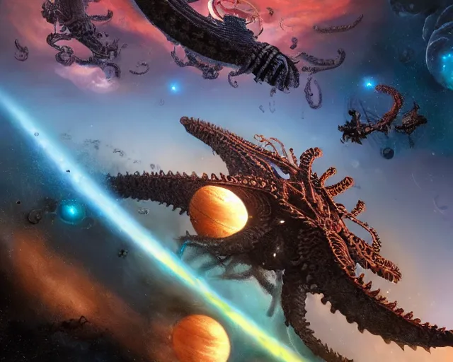 Prompt: a cosmic space kraken attacking an orbital space station, hyper realistic, volumetric lighting, intricately detailed, cosmic horror, vibrant colors, Art station, Epic scale, art by Greg Rutkowski, art by Ruth Asawa, art by H.R. Giger, Octane render, Unreal Engine 3D, CryEngine