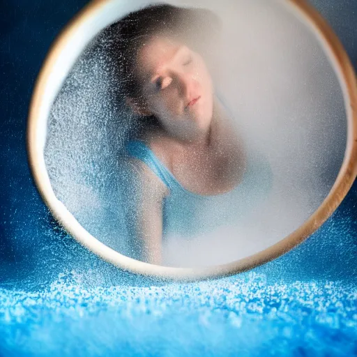 Image similar to photo of a woman emerging an endless pool of gravy in a blue fog. Motion blur.