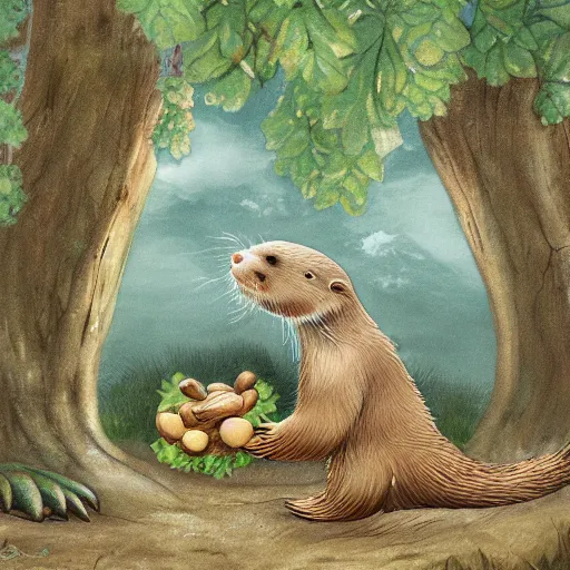 Prompt: an otter child wearing cute overalls holds out a chestnut in its paws, fantasy illustration,