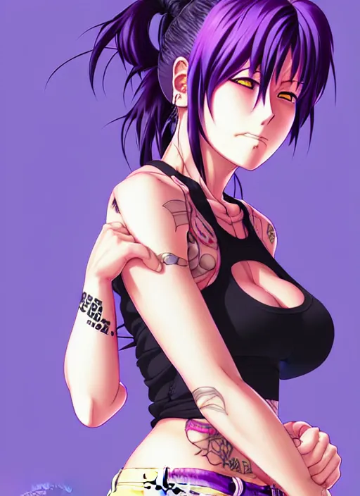 Image similar to revy black lagoon, purple hair, black tank top, jean shorts, tribal sleeve left arm, portrait shinkai makoto, studio ghibli, studio key, hideaki madhouse anime studio, artgerm, lau rossdraws james jean marc simonetti pixiv