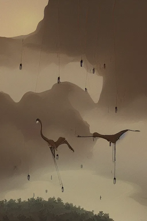 Image similar to A detailed matte painting of two cranes flying upwards from the river, water dripping, evening, close-up view, Moebius, Artstation