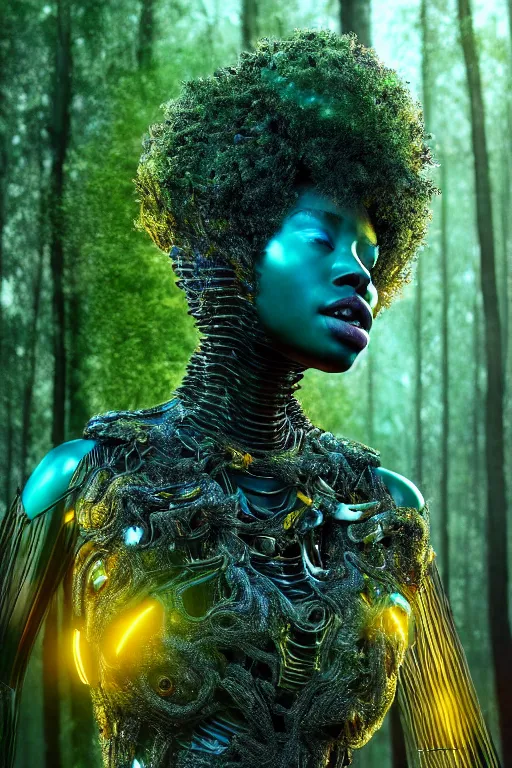 Image similar to hyperrealistic avant garde cinematic super expressive! black woman with exoskeleton armor, merging with tree in a forest, highly detailed digital art masterpiece, smooth cam de leon eric zener dramatic pearlescent soft teal yellow light, ground angle hd 8 k, sharp focus