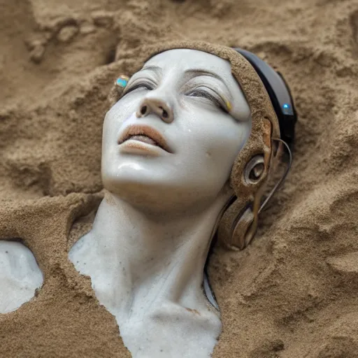 Prompt: the distressed and damaged head of a marble cybernetic lady justice statue wearing a virtual reality headset on ground covered in sand, cyberpunk background, highly detailed, epic lighting, hyper photorealism, 8 k