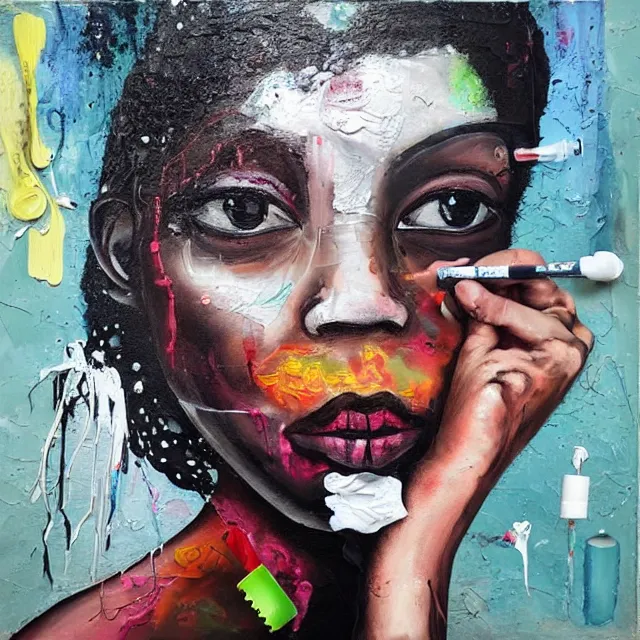 Prompt: “ a portrait in a female art student on a street in nairobi, fear, afraid, bustling, art supplies, anxiety, medical supplies, pills and medicine, ikebana, herbs, a candle dripping white wax, squashed berries, berry juice drips, acrylic and spray paint and oilstick on canvas, surrealism, neoexpressionism ”