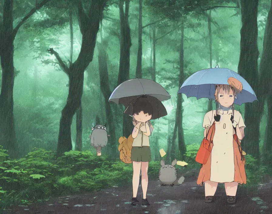 Image similar to A female Retzling with short blond air, standing with big Totoro at a japanese bus stop, holding an umbrella, in the dark forest, rainy night, film screenshot, Studio Ghibli, Hayao Miyazaki,trending on artstation,