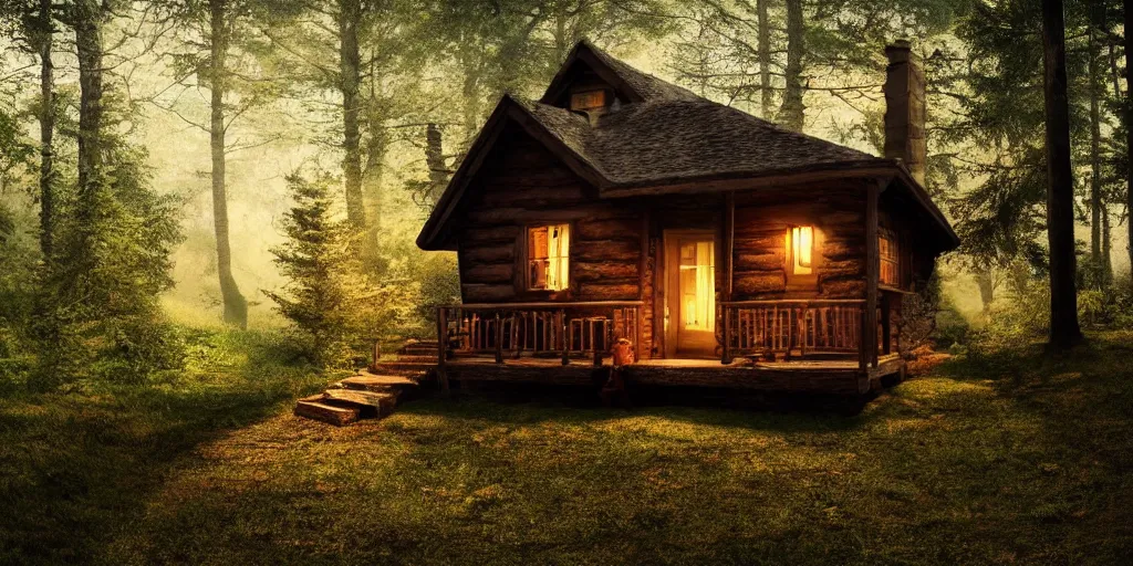 Image similar to a cottage in the woods, fantasy, hyper realistic, dramatic lighting, wide angle lens, 8k