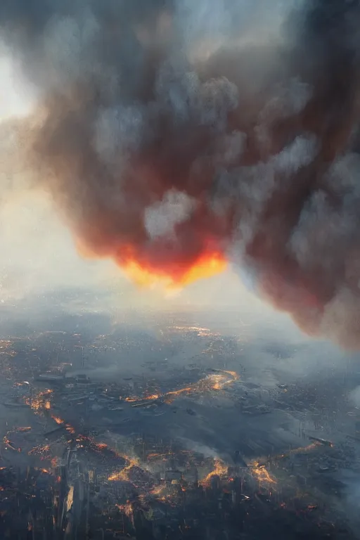 Image similar to inside airplane window view, the end of the word, huge fire, matte painting, very detailed, trending on artstation