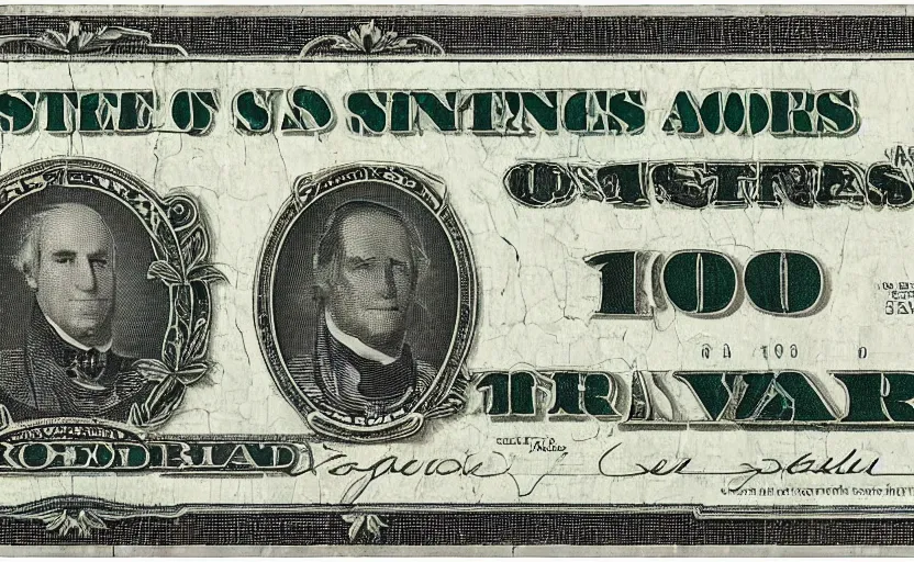 Prompt: rectangular photograph of four dollar u. s. currency note featuring steve martin