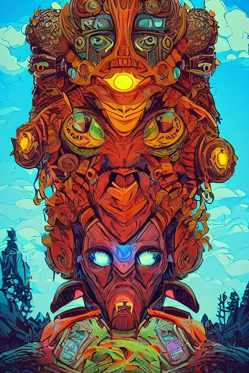 Image similar to totem animal tribal chaman vodoo mask feather gemstone plant wood rock video game illustration vivid color borderlands by josan gonzales and dan mumford radiating a glowing aura