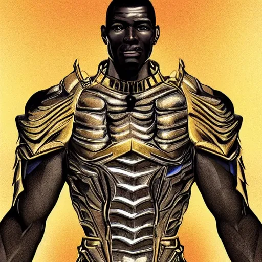 Image similar to A tall and muscular African man with a golden angel wearing nanosuit from Crysis the game. illustration concept art in the style of Arthur Adams