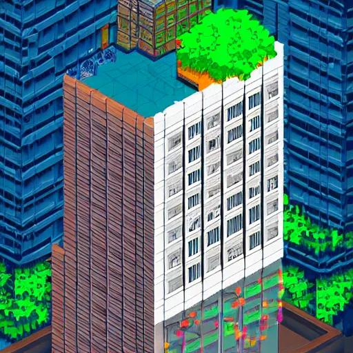 Image similar to a building with a lot of windows on top of it, pixel art by kagaku murakami, behance contest winner, neogeo, anime aesthetic, # pixelart, isometric