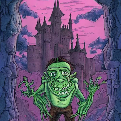 Image similar to The digital art features a group of monsters who live in a castle and have to deal with Frankenstein's monster. by Don Bluth, by Tim Doyle organic