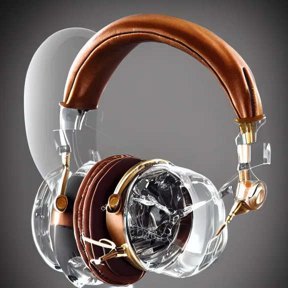 Image similar to masterpiece photo of beautiful hand crafted artistic detailed transparent headphones, bismuth metal, electronics see through, plush leather pads, displayed on mahogany desk, modernist headphones, bismuth beautiful well designed, hyperrealistic, audiophile, intricate hyper detail, extreme high quality, photographic, audeze, sennheiser, raal, bang olufsen, abyssal