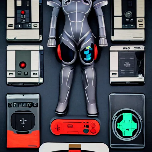 Prompt: samus aran's varia suit in the style of a 1 9 8 0 s grey aged cassette tape player, a gameboy dmg - 0 1 classic, as well as the handyboy, konami hyperboy, saitek boosterboy accessories. cyberdeck. product photography. random bits and bobs.