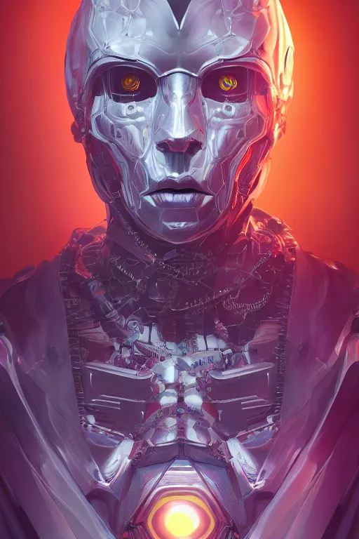 Image similar to detailed portrait of a cyborg, necromancer, benevolent, scifi, futuristic, elegant cape, glow, concept art, sharp focus, inside a space ship, trending on artstation, intricate, advanced technology, art by roman makarenko and simon almeida and marcos melco