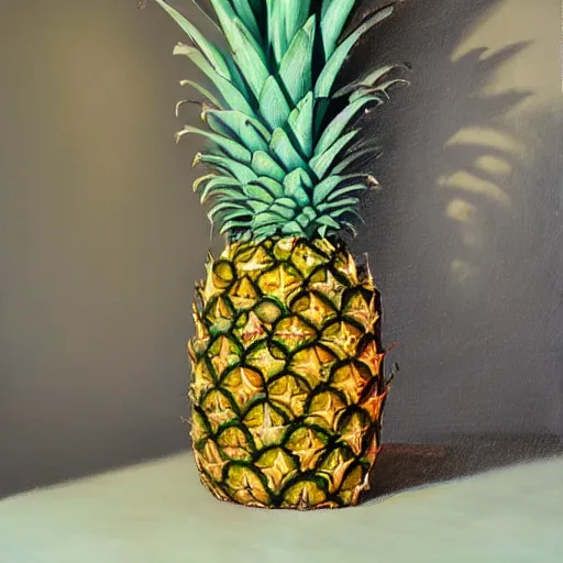 Image similar to A beautiful still life oil painting of a pineapple lying on a silk cloth, fog, volumetric lighting, summer, hyperrealistic, hyperdetailed.