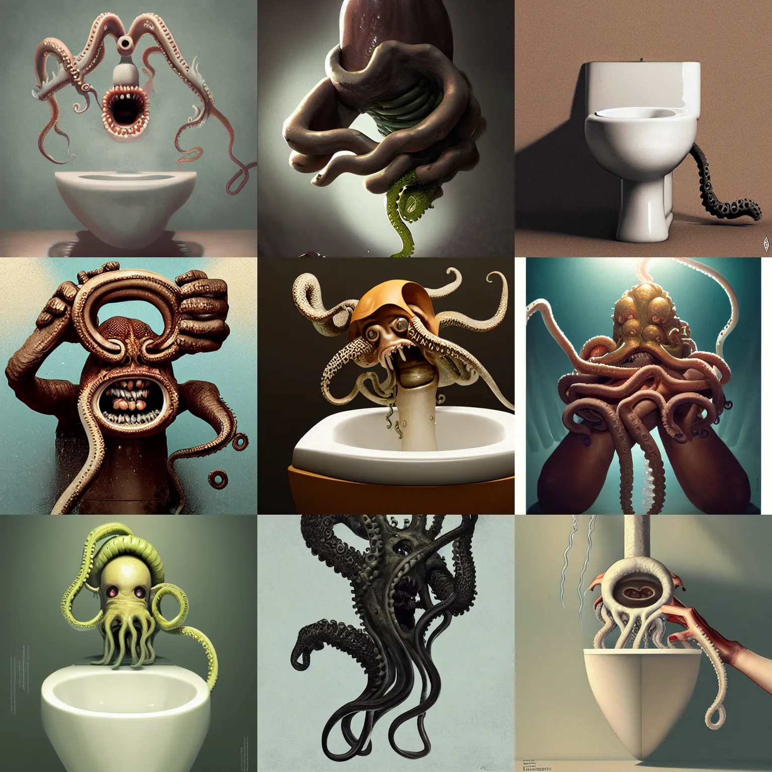 Prompt: toilet bowl with mouth and teeth, tentacle hands, studio light, wapor wave retro design by greg rutkowski