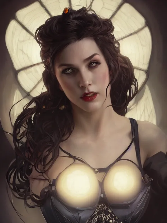 Image similar to hyperrealistic portrait of a woman among noir lanterns wearing a corset, fantasy art, photo realistic, dynamic lighting, artstation, volumetric lighting, very detailed face, 4 k, award winning, art by artgerm and greg rutkowski and alphonse mucha