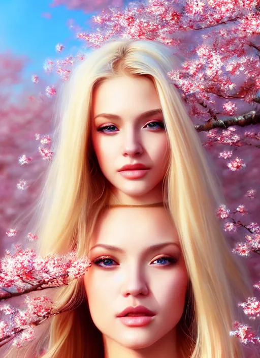 Image similar to photo of a gorgeous blonde female in the style of stefan kostic, realistic, half body shot, sharp focus, 8 k high definition, insanely detailed, intricate, elegant, art by stanley lau and artgerm, extreme blur cherry blossoms background