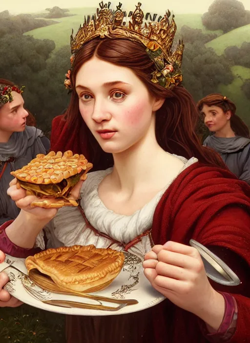 Image similar to highly detailed closeup portrait of a fairytale medieval princess eating meat pies, stephen bliss, unreal engine, greg rutkowski, ilya kuvshinov, ross draws, tom bagshaw, tom whalen, alphonse mucha, nicoletta ceccoli, mark ryden, earl norem, global illumination, god rays, detailed and intricate environment