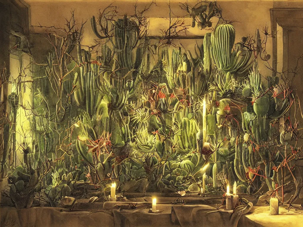 Prompt: Deserted old house full of strange surreal cacti, carnivorous plants, thorns. Candle light. Painting by Georges de la Tour, Walton Ford