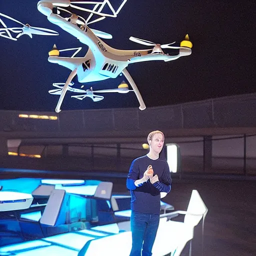 Prompt: mark Zuckerberg piloting an advanced drone from a sci-fi control deck. Glowing lights.