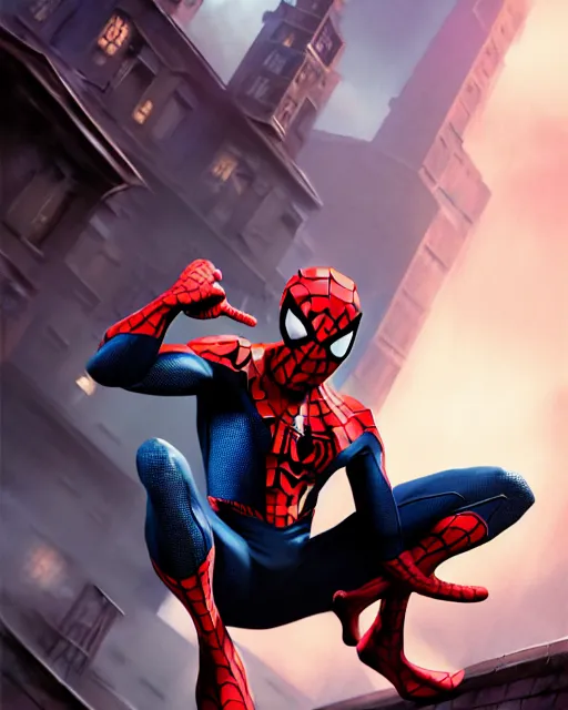 Image similar to Spider-Man had an accident, artstation, fantasy, magic the gathering artwork, cinematic lighting, centered, symmetrical, highly detailed, digital painting, concept art, smooth, clear focus, illustration, volumetric lighting, epic composition, 8k, art by Akihiko Yoshida, Greg Rutkowski and Craig Mullins, oil painting, cgsociety,