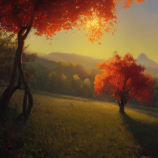 Prompt: a beautiful painting by banska stiavnica nature in sunset, beautiful fruit tree, translucent peach, backlit leaves by greg rutkowski and james gurney, artstation