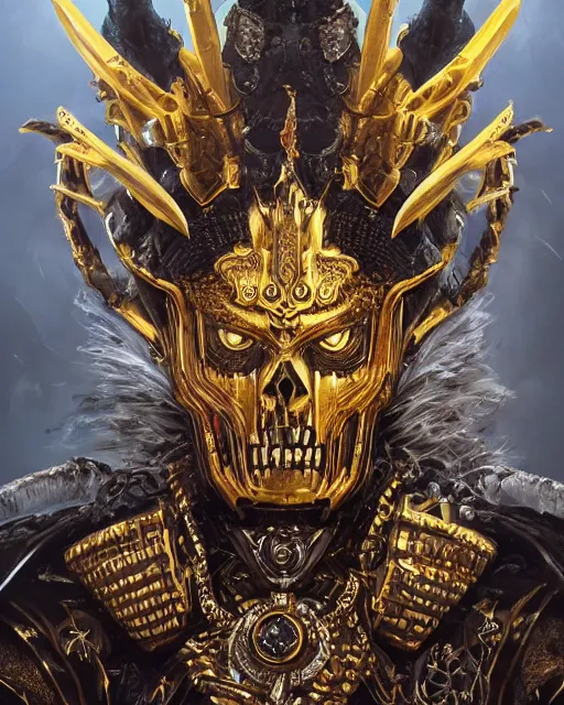 Image similar to a highly detailed portrait of ankou the evil lord staring with anger and wearing ornate armor made of sci fi panels and a gold death mask, death and corruption, smooth, intricate, sinister, evil energy, souls of the dead, dark aura, matte painting, artstation, evild ark color scheme, dark fantasy sci fi, sharp focus, cgsociety