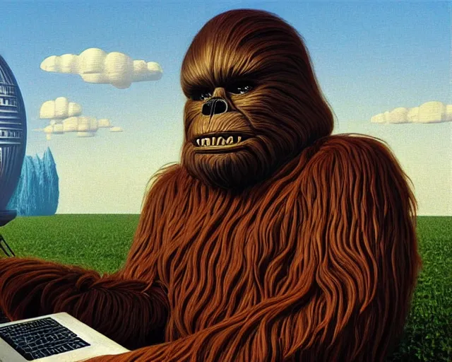 Image similar to wookiee at home trading crypto. the charts are at all time highs, gains, green charts, painting by rene magritte, grant wood and frank frazetta, 3 d rendering by beeple, wlop