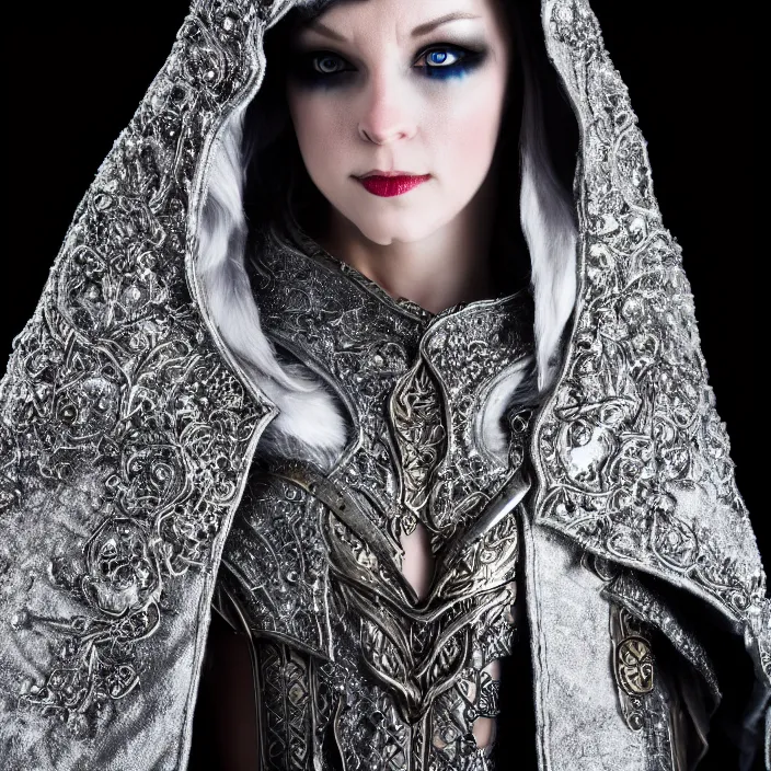 Image similar to photograph of a real-life beautiful rogue with ornate silver cloak. Extremely detailed. 8k