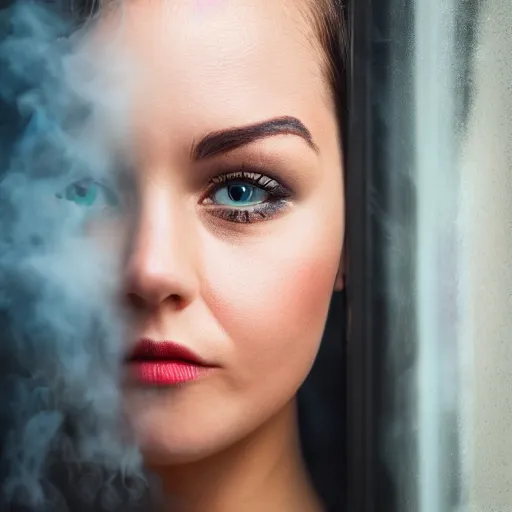 Image similar to The face of a beautiful woman as steam on a window, high definition photography, professional