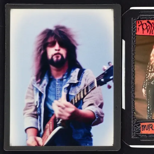 Image similar to Woman holding double-neck guitar, long shaggy-haired rocker, wearing denim, proto-metal concert, live concert, 1972, super 8mm, Polaroid