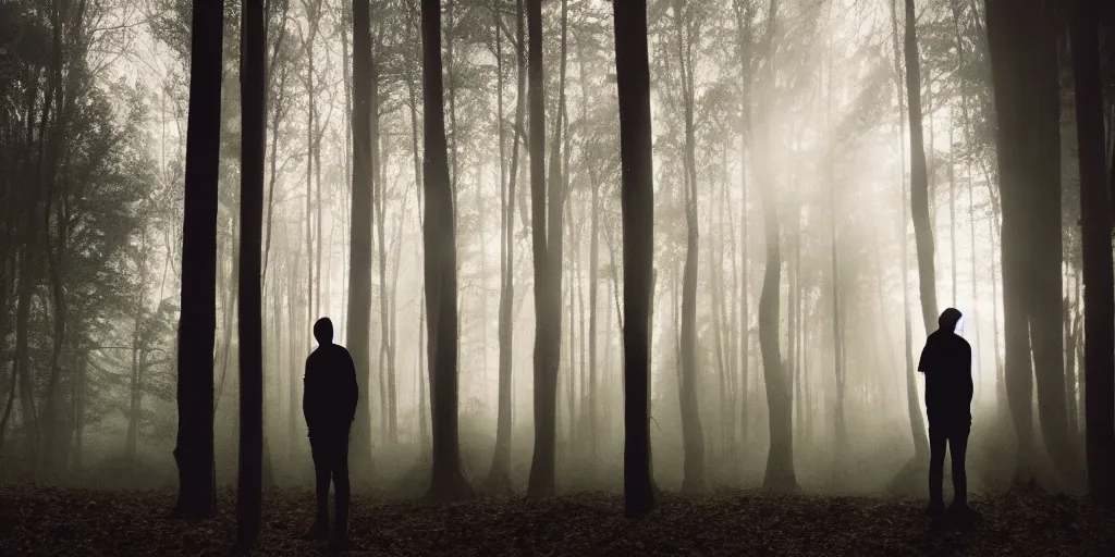 Image similar to silhouetted tall figures in the woods, volumetric lighting, Portra 160, night time, ominous