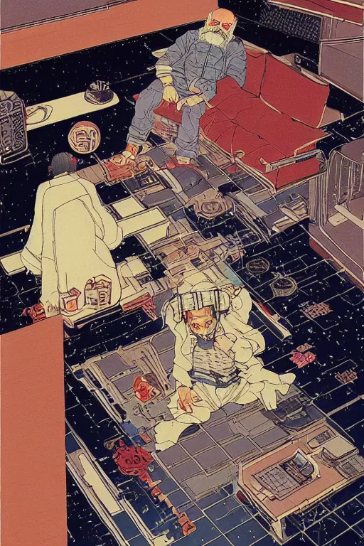 Image similar to awe-inspiring 1980s Japanese cyberpunk style illustration of a grandfather with a beard sitting on the floor by Masamune Shiro and Katsuhiro Otomo, studio ghibli color scheme, dark, complex