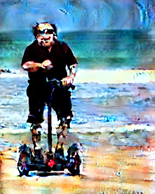 Prompt: Danny Devito as Gob in Arrested Development, riding on a Segway on the beach