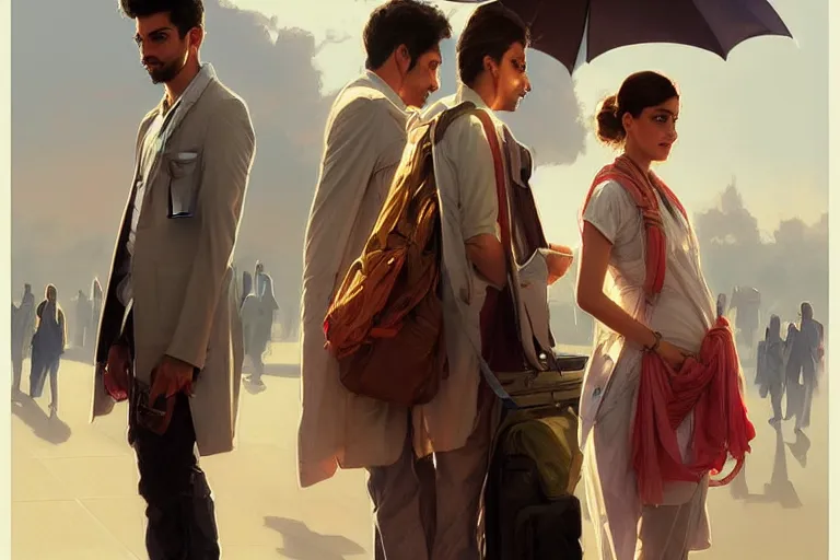 Image similar to Anxious good looking pale young Indian doctors wearing American clothes at the airport, portrait, elegant, intricate, digital painting, artstation, concept art, smooth, sharp focus, illustration, art by artgerm and greg rutkowski and alphonse mucha