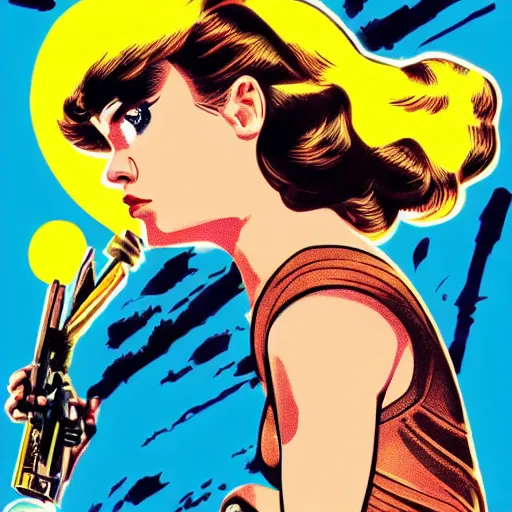 Prompt: Daisy Ridley as Barbarella movie poster. Illustration. 1968.