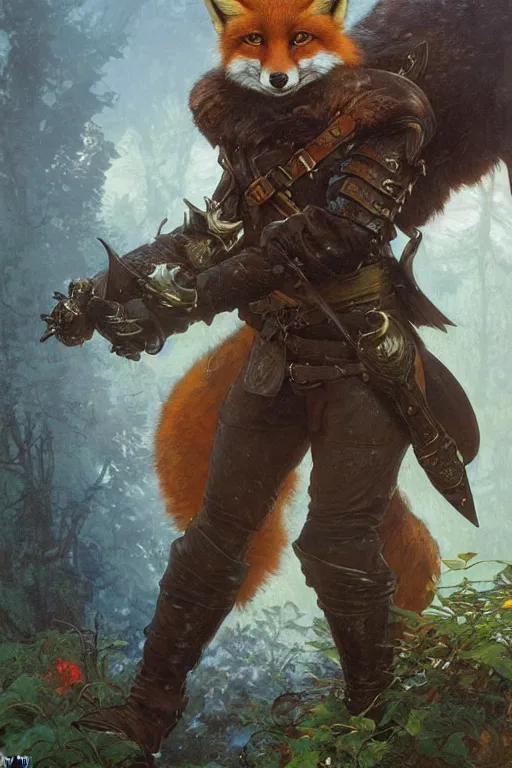 Image similar to a cunning anthropomorphic fox ranger, wearing detailed leather armor, character illustration by greg rutkowski, thomas kindkade, alphonse mucha, loish, norman rockwell