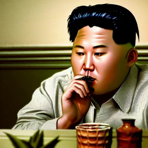 Prompt: hyperralism pineapple express movie still photography of hyperrealism detailed north korean kim chen with detailed face smoking weed in basement bedroom