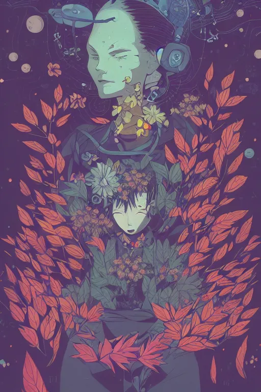 Image similar to night sky full of flowers, cyberpunk art, floating detailes, leaves by miyazaki, colorful palette illustration, kenneth blom, mental alchemy, james jean, pablo amaringo, naudline pierre, contemporary art, hyper detailed