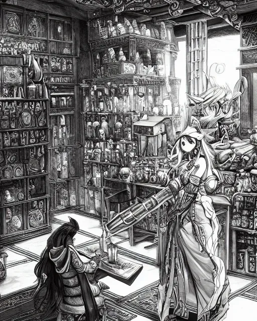 Image similar to A merchant selling treasuries and potions, high detailed store, black and white, fantasy art, in the style of masami kurumada, illustration, epic, fantasy, intricate, hyper detailed, artstation, concept art, smooth, sharp focus, ray tracing