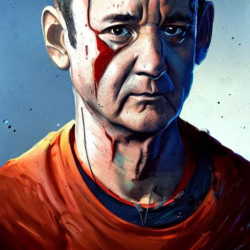 Prompt: close-up, symmetrical!, portrait of a young Bill Murray, bruised and scarred! cyberpunk, techwear! by Greg Rutkowski, matte painting, trending on artstation