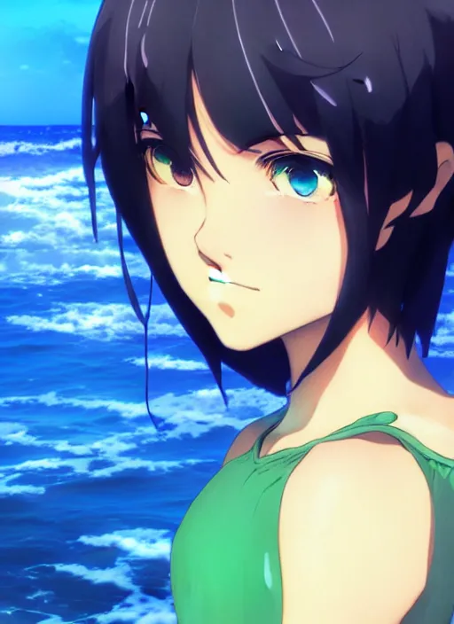 Image similar to makoto shinkai, artgerm, ilya kuvshinov, beautiful anime women with green dress, long blue hair, water powers water swirling, symmetrical face, symmetrical eyes, detailed, beach setting, cinematic lighting