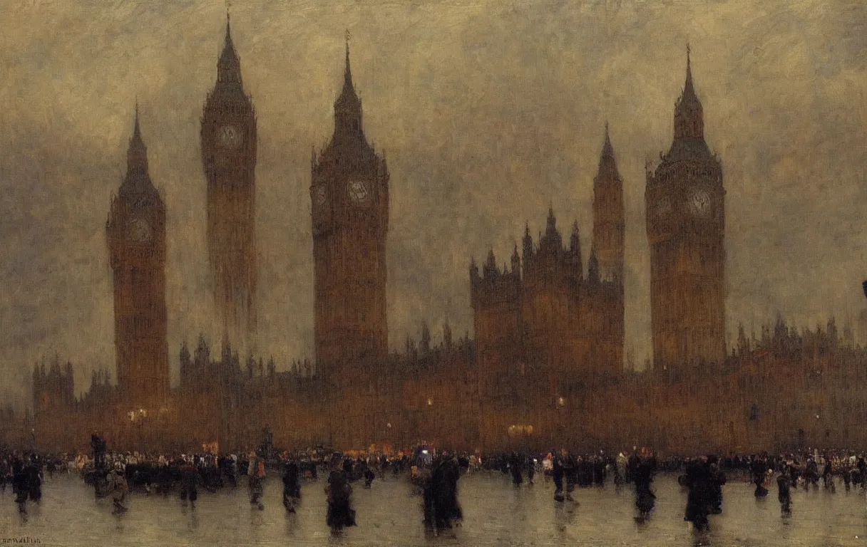 Image similar to the houses of parliament, 1915, gloomy weather highly detailed oil on canvas, by Ilya Repin